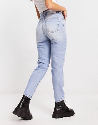 Pull & Bear high waisted mom jean with rips in light blue