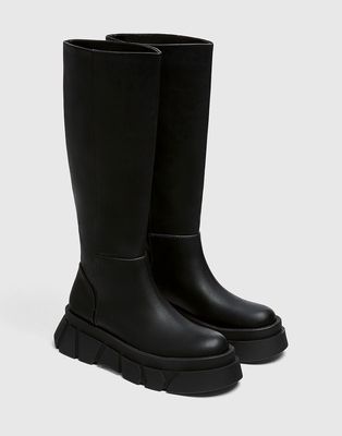 Pull & Bear knee high chunky flat boot in black
