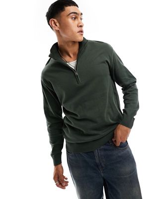 Pull & Bear knit 1/4 zip sweater in khaki-Green
