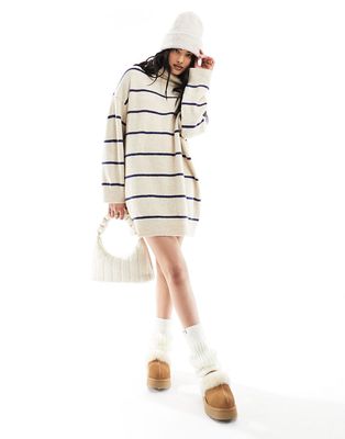 Pull & Bear knitted roll neck sweater dress in sand stripe-Neutral