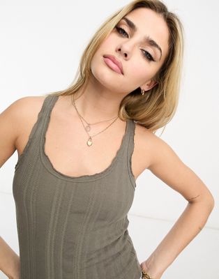 Pull & Bear lace trim pointelle top in khaki-Gray