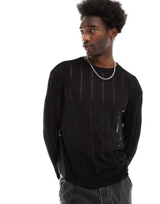 Pull & Bear ladder knitted long sleeve t-shirt in black