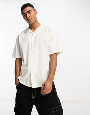 Pull & Bear linen camp collar shirt in white