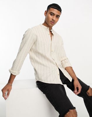 Pull & Bear linen grandad striped shirt in brown