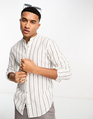 Pull & Bear linen grandad striped shirt in ecru-Neutral