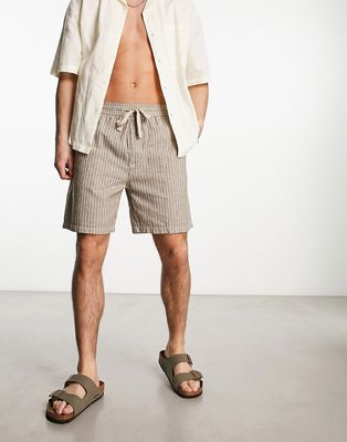 Pull & Bear linen shorts in brown micro stripe
