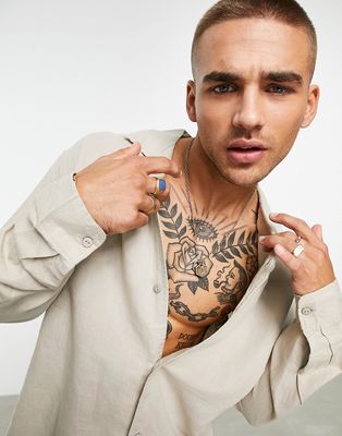 Pull & Bear long sleeve linen shirt in sand-Neutral