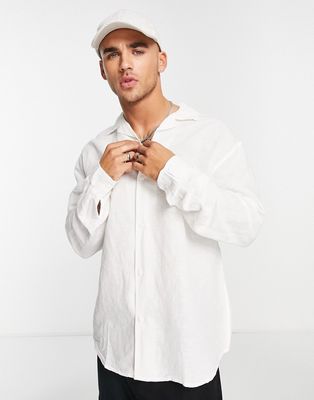 Pull & Bear long sleeve linen shirt in white