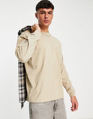 Pull & Bear long sleeve top with chest pocket in ecru-White
