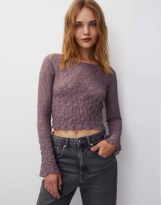 Pull & Bear long sleeve with flare detail lace top in purple
