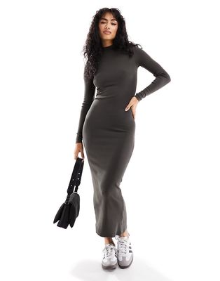 Pull & Bear long sleeved high neck maxi dress in khaki-Black