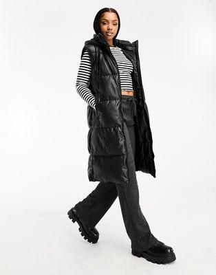 Pull & Bear longline padded faux leather vest with hood in black