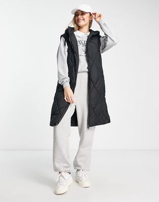 Pull & Bear longline quilted vest in black