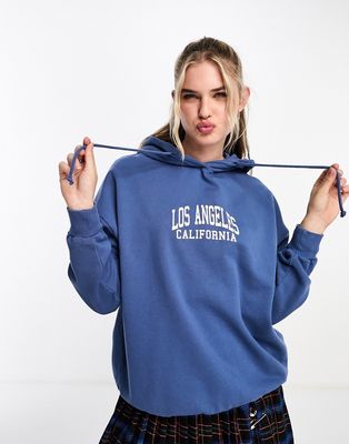 Pull & Bear 'Los Angeles' varsity back print oversized hoodie in blue