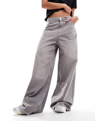 Pull & Bear low rise oversized wide leg jeans in gray