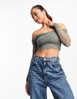 Pull & Bear mesh off shoulder crossover top in gray