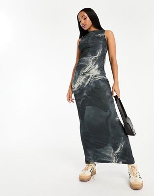 Pull & Bear mesh sleeveless maxi dress in charcoal print-Gray