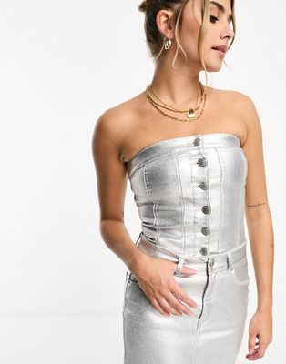 Pull & Bear metallic denim corset top in silver - part of a set