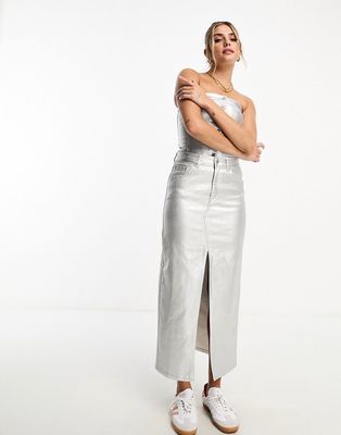 Pull & Bear metallic denim split midi skirt in silver - part of a set