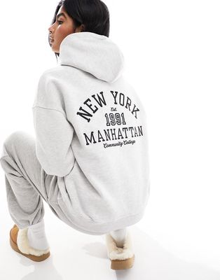 Pull & Bear 'New York' graphic hoodie in light gray