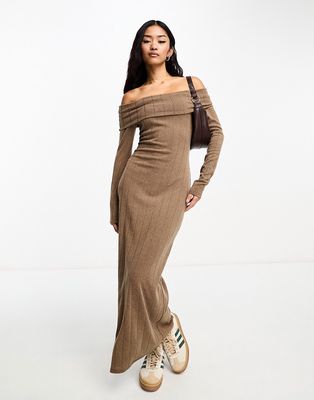 Pull & Bear off shoulder ribbed maxi dress in taupe brown
