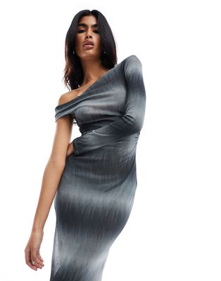 Pull & Bear one shoulder asymmetric knit maxi dress with split in gray ombre stripe