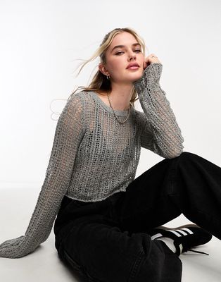 Pull & Bear open knit cropped sweater in pale gray
