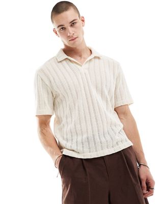 Pull & Bear open weave textured polo in ecru-Neutral