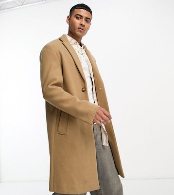 Pull & Bear overcoat with wool mix in camel exclusive at ASOS-Neutral