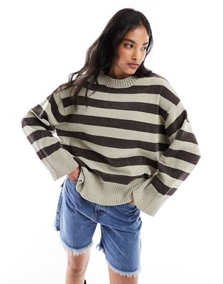 Pull & Bear oversized chenille knitted sweater in brown stripe