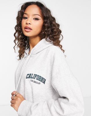 Pull & Bear oversized slogan zip front hoodie in gray