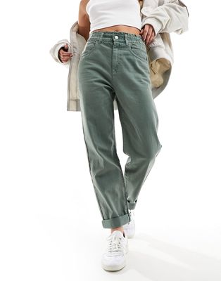 Pull & Bear paperbag waist Mom jeans in washed green