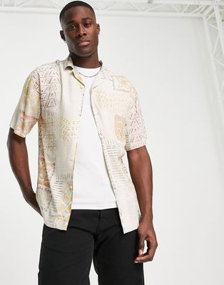 Pull & Bear patch printed shirt in stone-Neutral