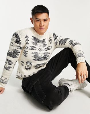 Pull & Bear patterned knit sweater in ecru-Neutral