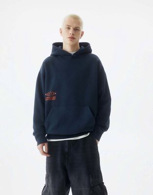 Pull & Bear printed hoodie in dark blue