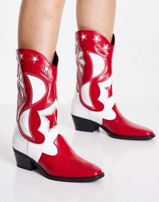 Pull & Bear printed stitch detail western boots in red
