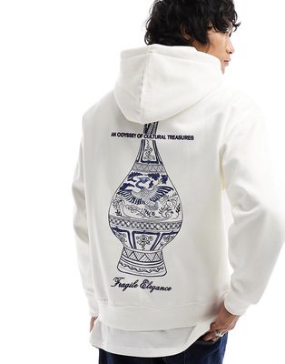 Pull & Bear printed treasures hoodie in off white-Neutral