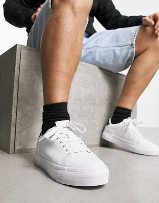 Pull & Bear quilted lace up sneakers in white