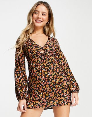 Pull & Bear retro floral long sleeve mini dress with ring detail-Multi