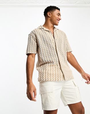 Pull & Bear revere collar textured stripe shirt in beige-Neutral