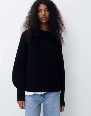 Pull & Bear ribbed crew neck knit sweater in black