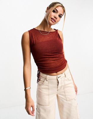Pull & Bear ruched detail top in rust-Brown
