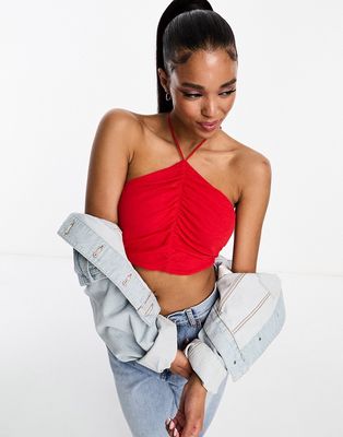 Pull & Bear ruched halterneck crop top in red-Blue