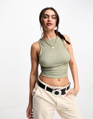 Pull & Bear ruched side top in khaki-Green