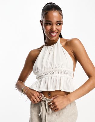 Pull & Bear ruched top with mesh detail in white