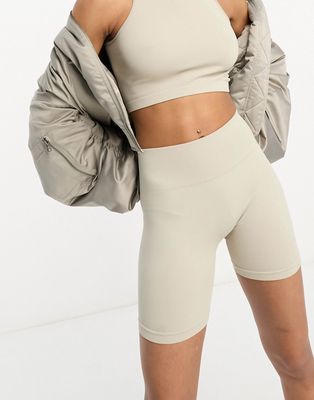 Pull & Bear seamless legging shorts in sand - part of a set-Neutral