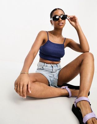 Pull & Bear shirred strappy crop top in navy blue