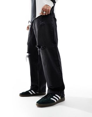 Pull & Bear skater cargo pants with rips in washed black