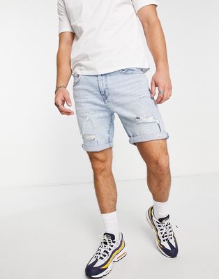 Pull & Bear slim denim shorts with rips in light blue