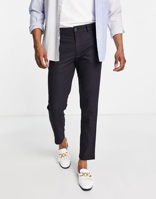Pull & Bear slim tailored pants in navy-White